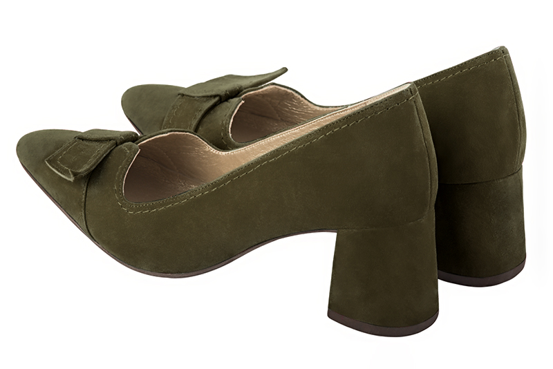 Khaki green women's dress pumps, with a knot on the front. Tapered toe. Medium flare heels. Rear view - Florence KOOIJMAN